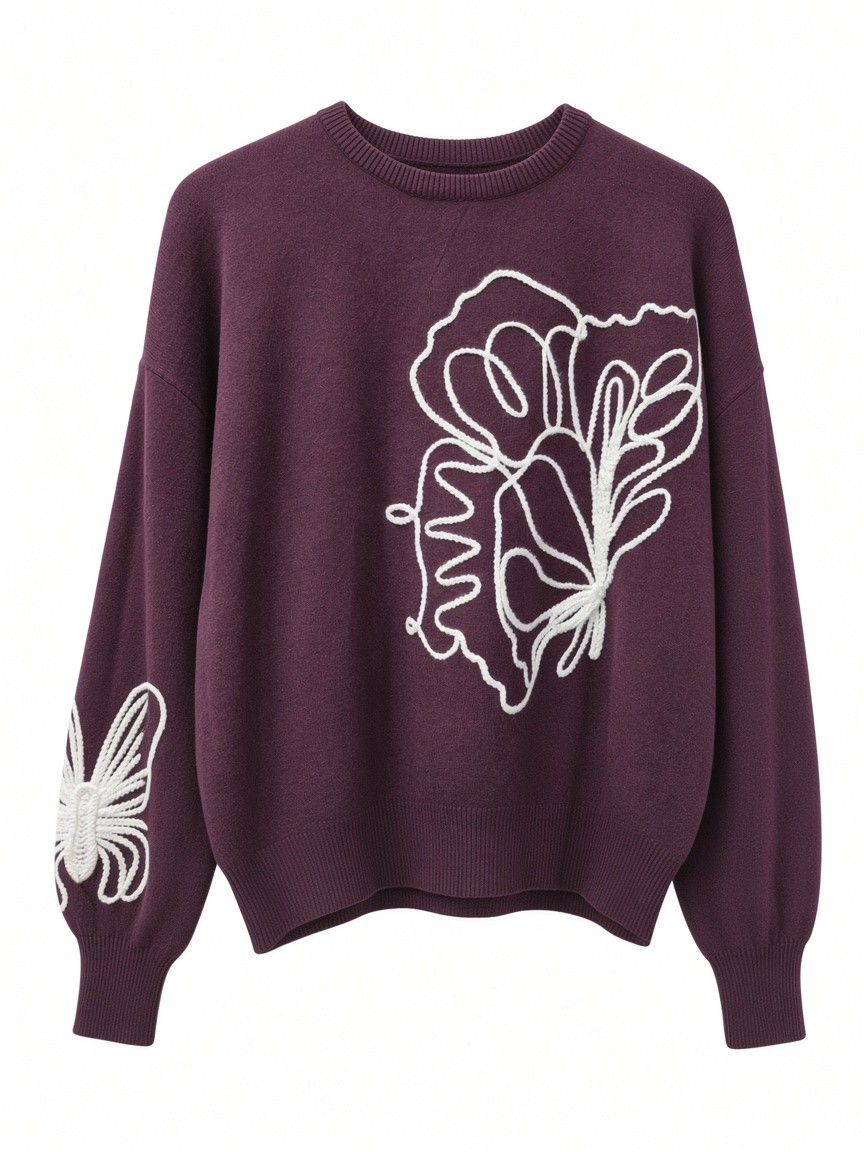 Dámsky pulóver s výšivkou kvetu a motýľa MINORITY BURGUNDY MELANGE Bordová s.WEAR 1
